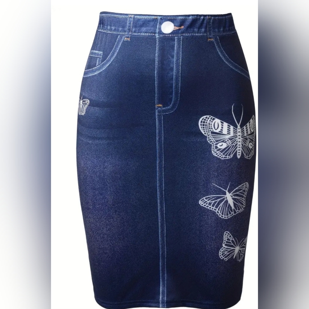 Blue Soft Faux Denim Skirt with Butterfly Print